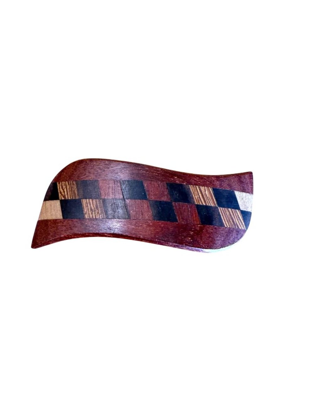 Checkered VTG Wooden Hair Barrette Brown 3" Made In France Curved Statement